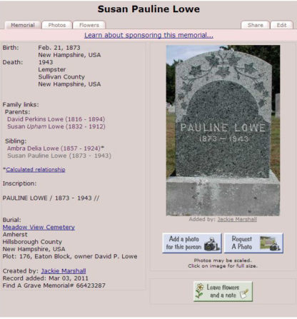 Susan Pauline Lowe grave